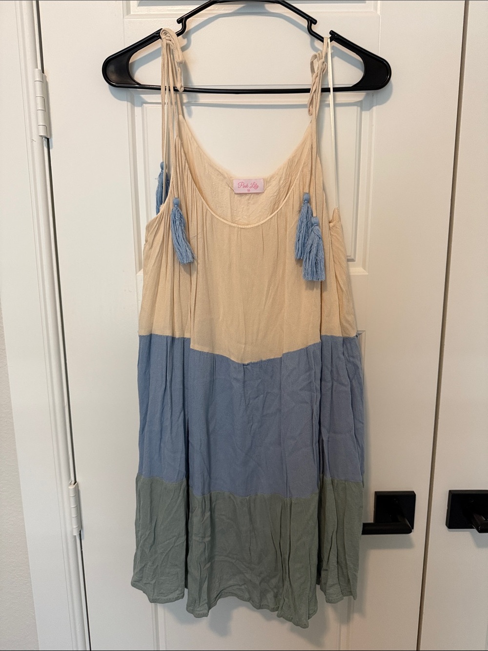 Pink Lily Cream, Dusty Blue & green Colorblock Tassel Sundress